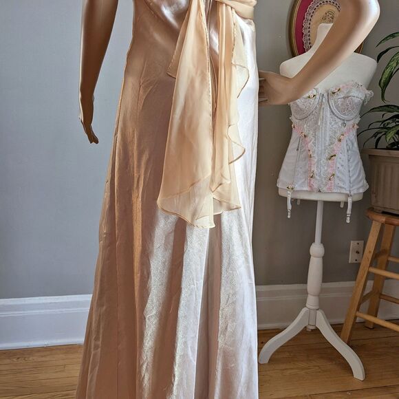 NWT Vintage 90s Let's Fashion Prom Gown Greek Goddess Cowl Gold Chiffon Size L - Picture 12 of 15